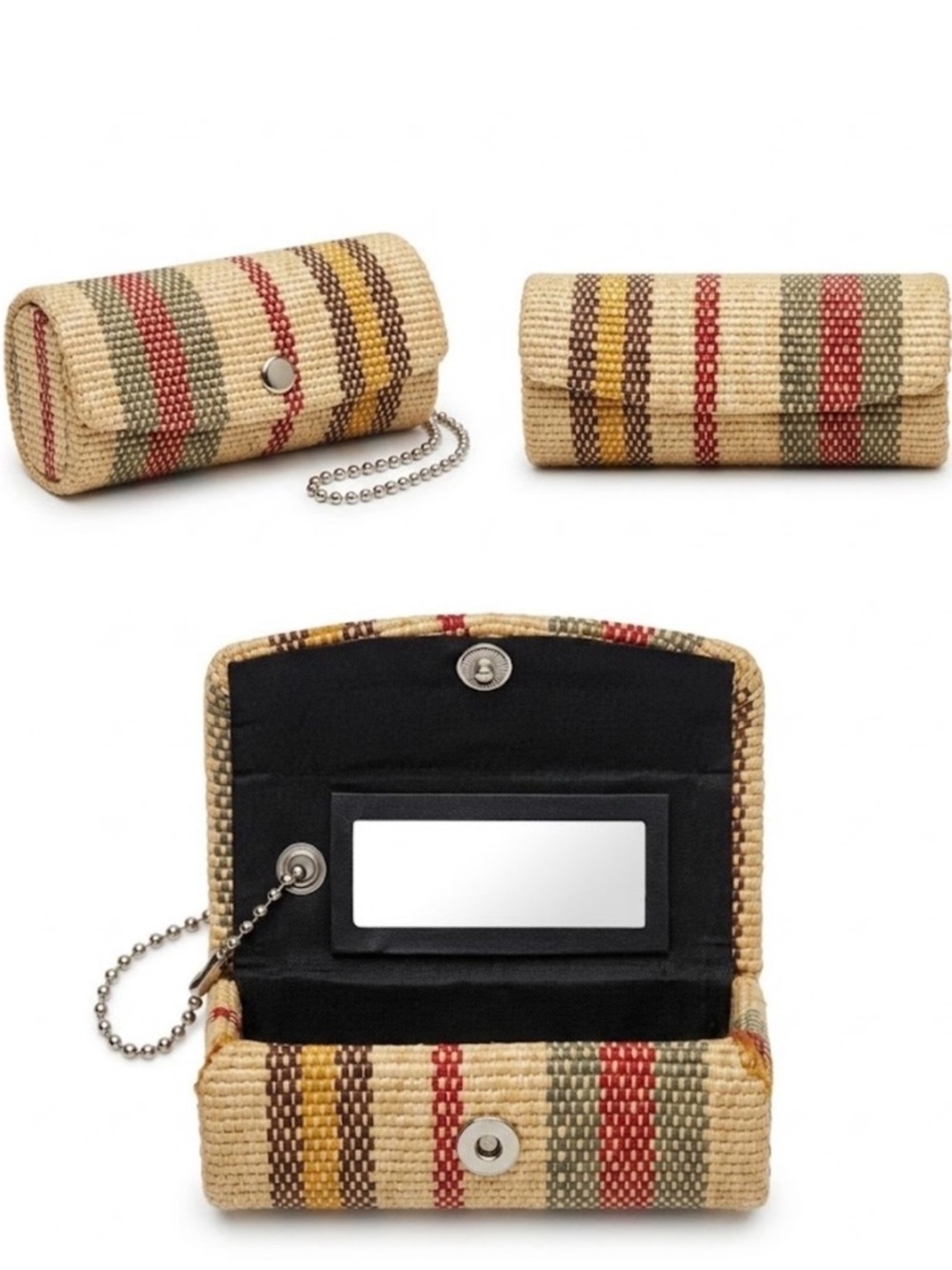 Woven Multi-Stripe Lipstick Case Holder with Mirror & Ball Chain Accessory